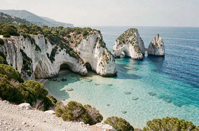 Vue panoramique de la plage des Trois Pointes à Bonifacio avec ses falaises calcaires blanches et ses eaux turquoise en Corse