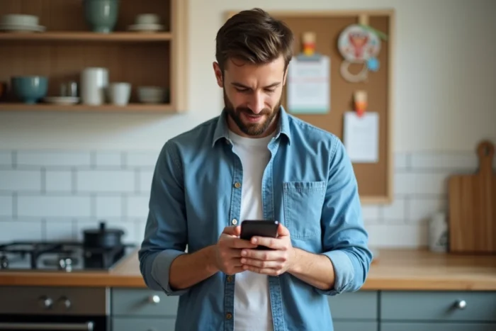 Père de famille consultant le plan du site Kids Sitter sur son smartphone dans une cuisine moderne