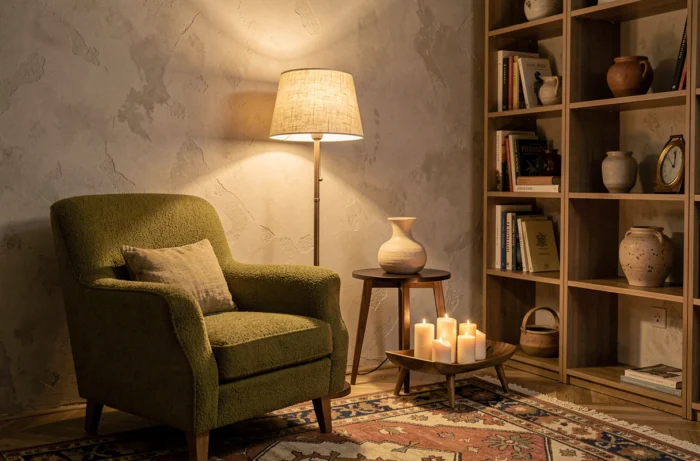 Coin lecture avec plusieurs sources lumineuses superposées : lampadaire, lampe de table et bougies autour d'un fauteuil en bouclé olive