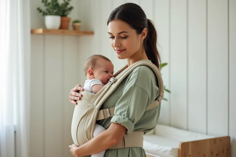 Jeune mère installant son nouveau-né dans un porte-bébé ergonomique moderne dans une chambre de bébé au style scandinave épuré