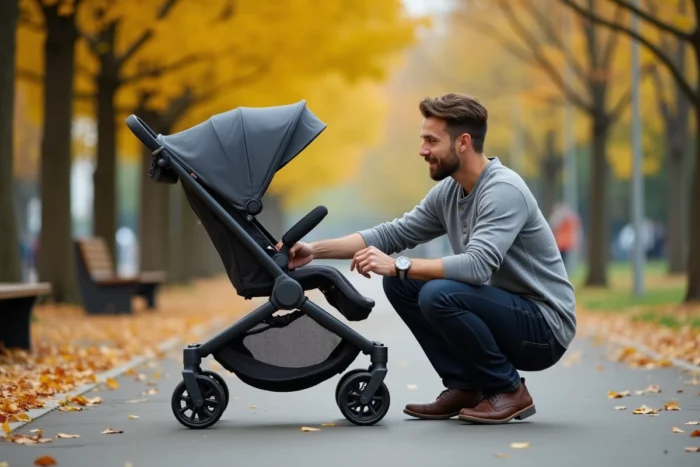 Père ajustant la capote d'une poussette tout-terrain moderne dans un parc urbain en automne, mettant en avant les dernières innovations en puériculture