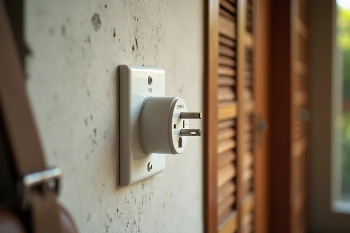 Prise électrique de type C avec adaptateur universel dans une chambre d'hôte balinaise, tension 220V visible sur le mur en béton blanchi