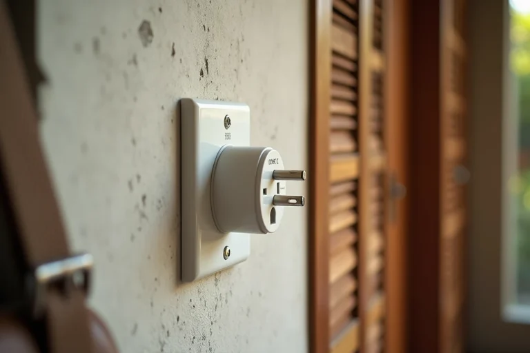 Prise électrique de type C avec adaptateur universel dans une chambre d'hôte balinaise, tension 220V visible sur le mur en béton blanchi