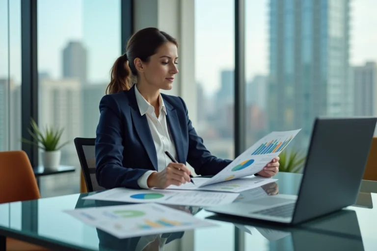 Professionnelle en blazer marine analysant des rapports ESG et des tableaux de bord de durabilité dans une salle de réunion moderne avec vue sur la ville
