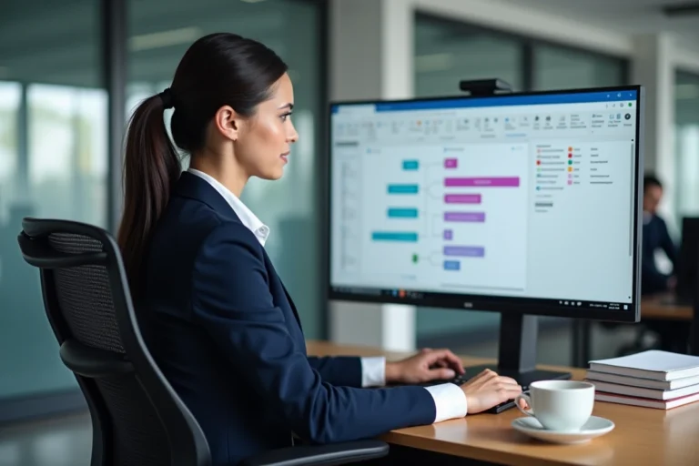 Une professionnelle analysant un sitemap de site d'emploi sur un grand écran dans un bureau moderne