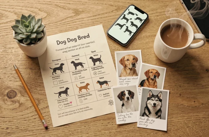 Vue de dessus d'un quiz imprimé pour choisir sa race de chien avec des photos de chiens et des notes manuscrites sur une table en bois