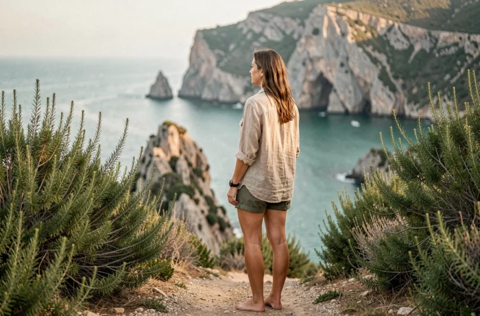 Femme en randonnée sur le sentier côtier dominant la plage des Trois Pointes à Bonifacio avec vue sur la mer