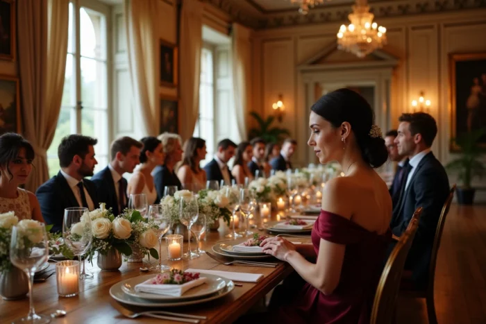 Réception de mariage dans une salle à manger de manoir français, invités en tenue de soirée autour de longues tables décorées de pivoines blanches et de verrerie en cristal