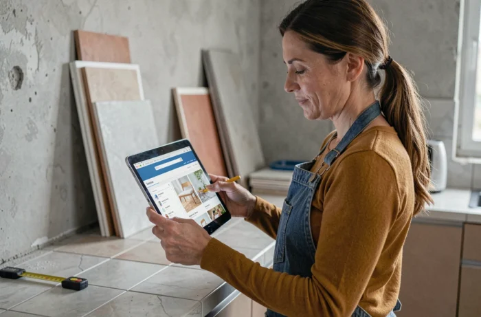 Femme consultant les articles d'un site de bricolage sur une tablette lors d'une rénovation de cuisine