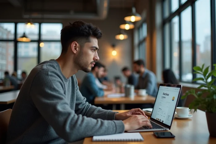Jeune professionnel recherchant des opportunités d'emploi sur un réseau professionnel depuis un espace de coworking