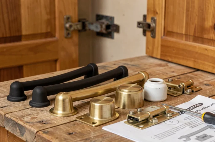 Assortiment de nouvelles poignées et quincailleries en laiton brossé, noir mat et céramique posées sur une surface en bois brut