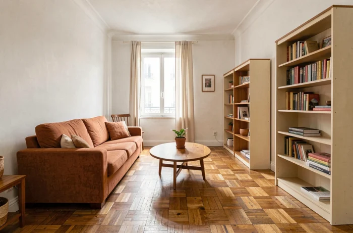 Salon parisien réorganisé pour améliorer la circulation avec canapé décalé, table ronde et bibliothèque utilisée comme séparateur d'espace