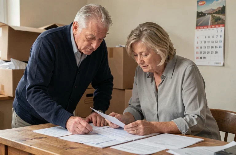 Couple de retraités SNCF consultant des documents administratifs pour leur déménagement autour d'une table en bois avec des cartons en arrière-plan