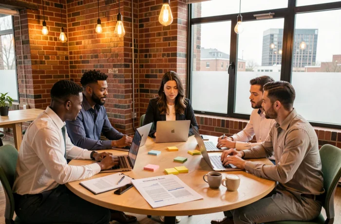 Équipe de professionnels diversifiés en réunion stratégique dans un espace de coworking contemporain