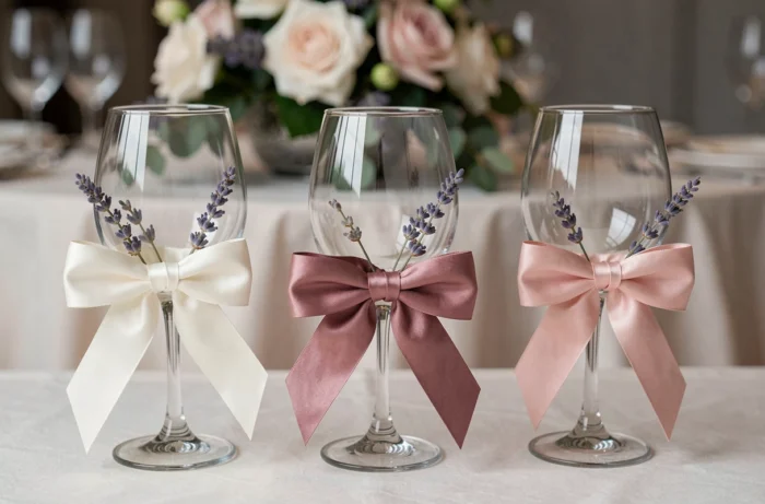 Verres à vin décorés de rubans en satin ivoire et nœuds en rose poudré avec brins de lavande séchée