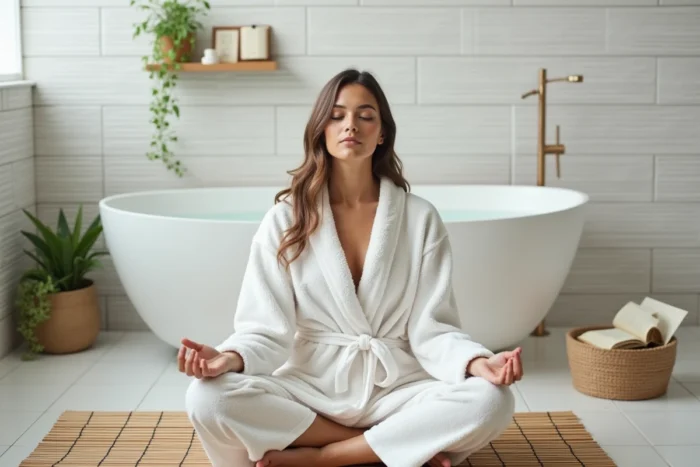 Femme en peignoir blanc méditant dans une salle de bain minimaliste avec baignoire aux plantes séchées et atmosphère apaisante