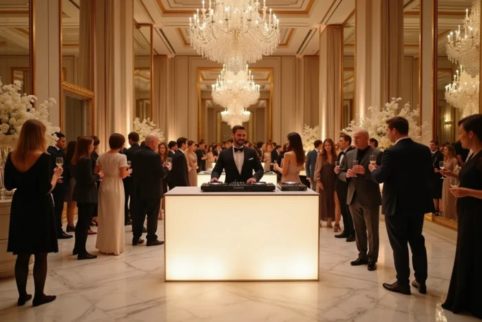 Salle de réception haut de gamme avec booth DJ préparé pour une soirée privée exclusive
