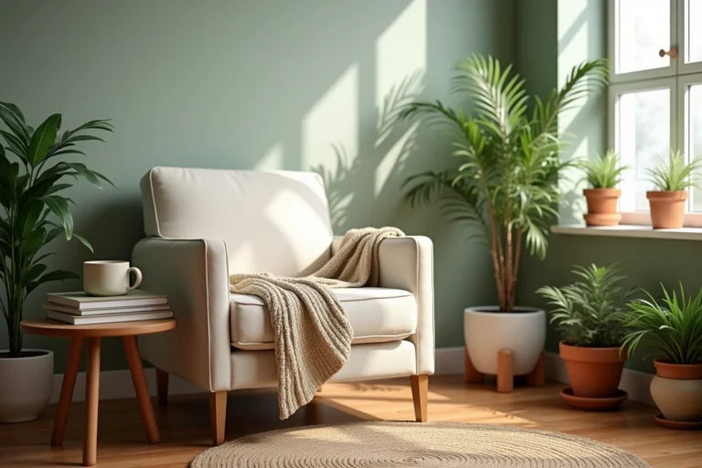 Coin salon cosy aménagé en espace bien-être avec fauteuil en lin crème, plantes en pot et tasse de tisane sur table en bois