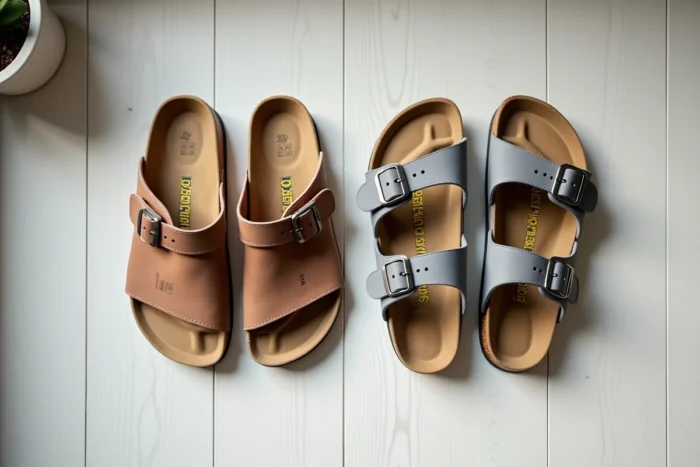 Vue du dessus de sandales Birkenstock Boston en nubuck et sandales Scholl orthopédiques côte à côte sur un parquet en chêne blanc dans un intérieur minimaliste