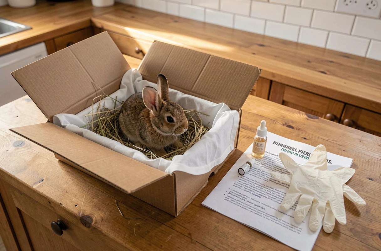Bébé lapin sauvage dans une boîte de récupération temporaire avec matériel de premiers secours sur une table de cuisine, configuration de sauvetage à domicile