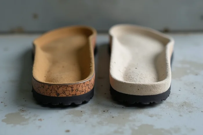 Gros plan sur les semelles intérieures d'une chaussure Birkenstock en liège et d'un modèle Scholl en mousse EVA, comparaison ergonomique côte à côte