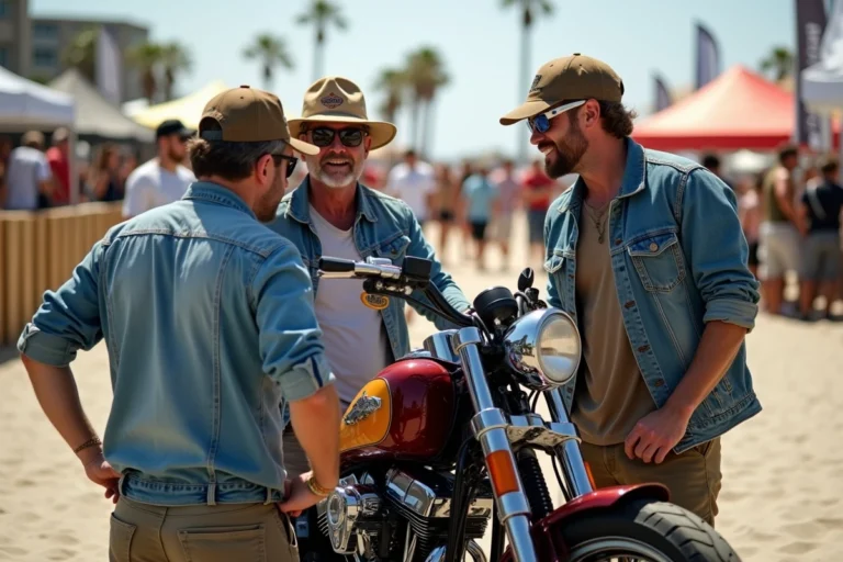 Visiteurs admirant un custom chopper au show bike de Montalivet 2026 lors d'une exposition estivale en bord de mer