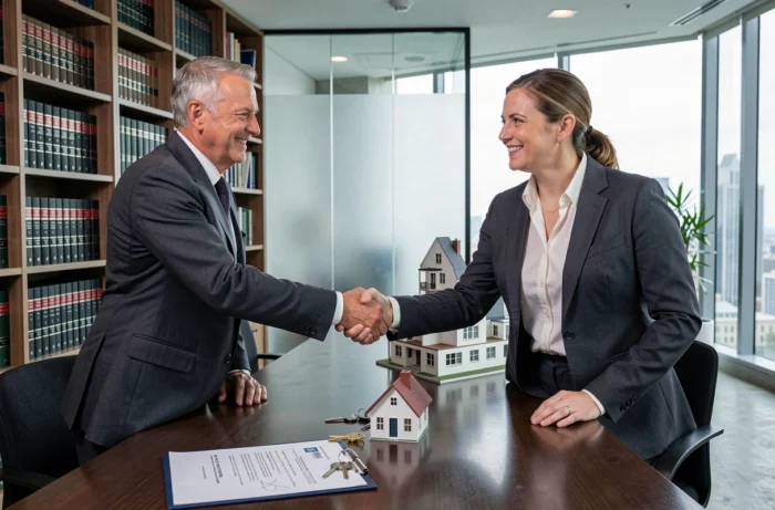 Signature de compromis de vente et remise de clés entre deux professionnels de l'immobilier dans un bureau notarial contemporain
