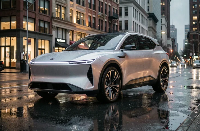 SUV autonome futuriste garé dans une rue urbaine humide au crépuscule avec reflets sur l'asphalte