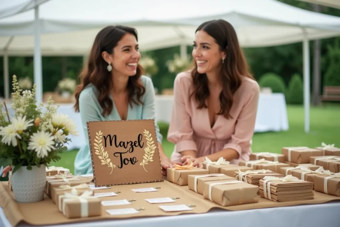 Table de cadeaux décorée lors d'un mariage juif en plein air avec invitées élégantes