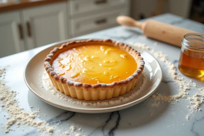 Tarte maison sur marbre avec rouleau à pâtisserie et pot de miel dans une cuisine campagnarde