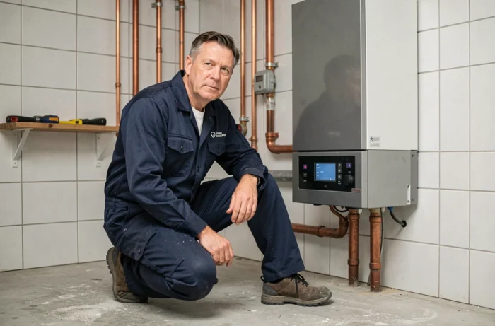 Technicien inspectant une chaudière à gaz dans une chaufferie résidentielle bruxelloise