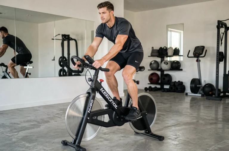 Homme musclé pédalant sur un speedbike Sportstech SX200 dans une salle de sport moderne à domicile