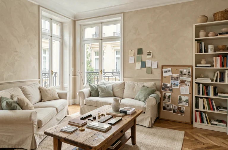 Salon d'appartement parisien en cours de décoration avec échantillons de peinture, matériaux naturels et tableau d'inspiration intérieure