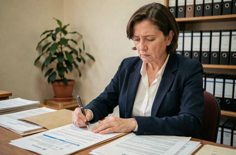 Travailleuse sociale rédigeant un signalement de personne vulnérable dans un bureau municipal