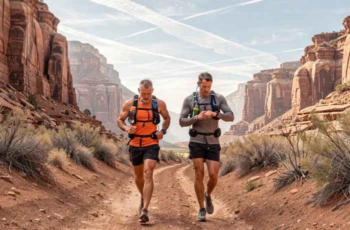 Deux ultramarathoniens en duo sur sentier désertique de canyon rouge, tendances ultra trail