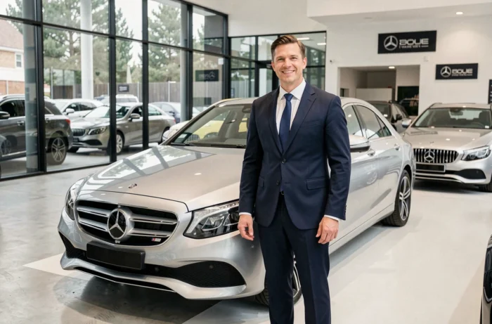 Vendeur Mercedes en costume sombre posant fièrement à côté d'une berline Mercedes dans un showroom premium en France