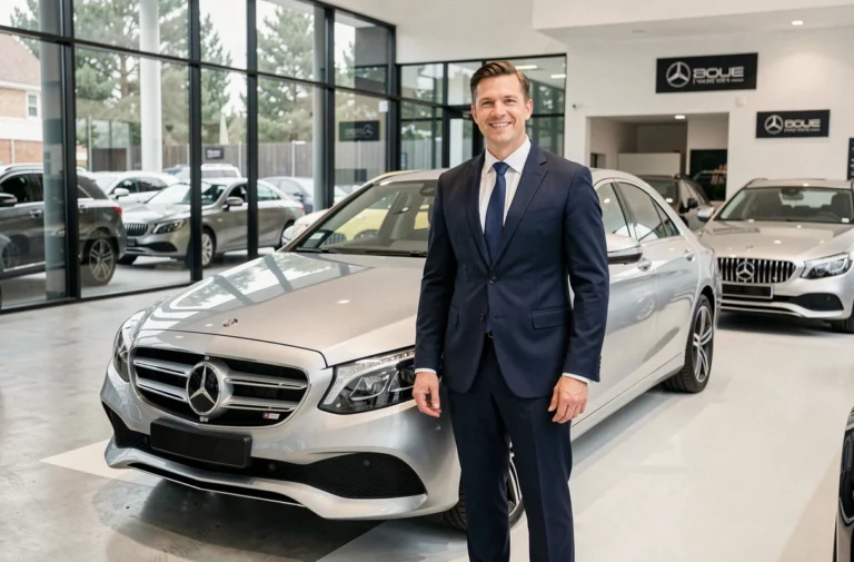 Vendeur Mercedes en costume sombre posant fièrement à côté d'une berline Mercedes dans un showroom premium en France