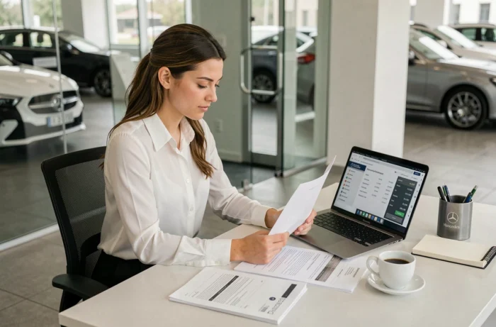 Vendeuse automobile Mercedes à son bureau analysant des données de vente et de salaire dans une concession française