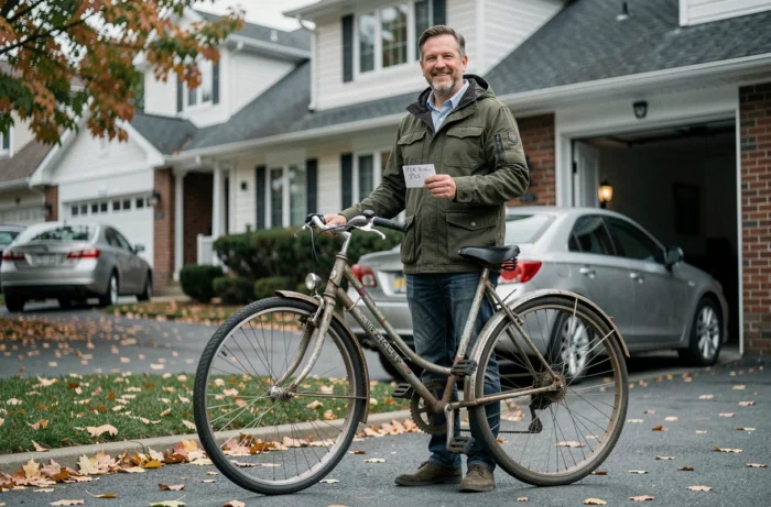 Homme vendant un vélo d'occasion via une petite annonce gratuite dans une allée résidentielle
