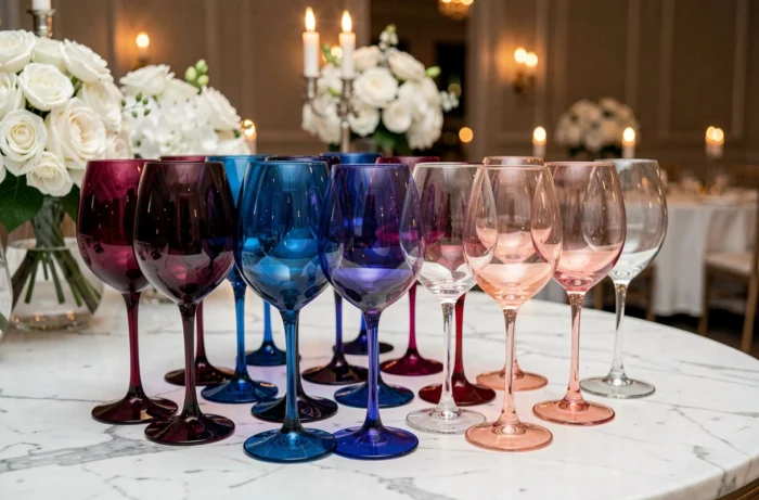 Collection de verres teintés en violet, bleu cobalt et rose pour une table de mariage, remplaçant les verres transparents classiques