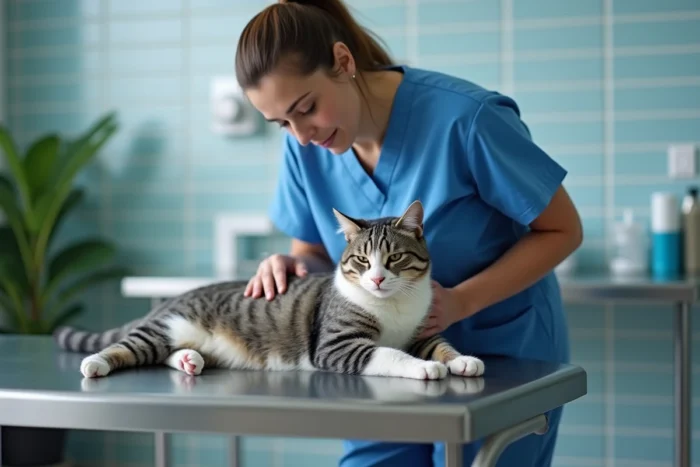Vétérinaire examinant une chatte gestante grise sur une table d'examen en acier inoxydable dans une clinique vétérinaire