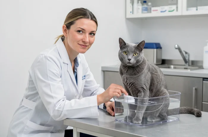 Vétérinaire présentant une fontaine à eau filtrante anti-calcaire à côté d'un chat British Shorthair en consultation