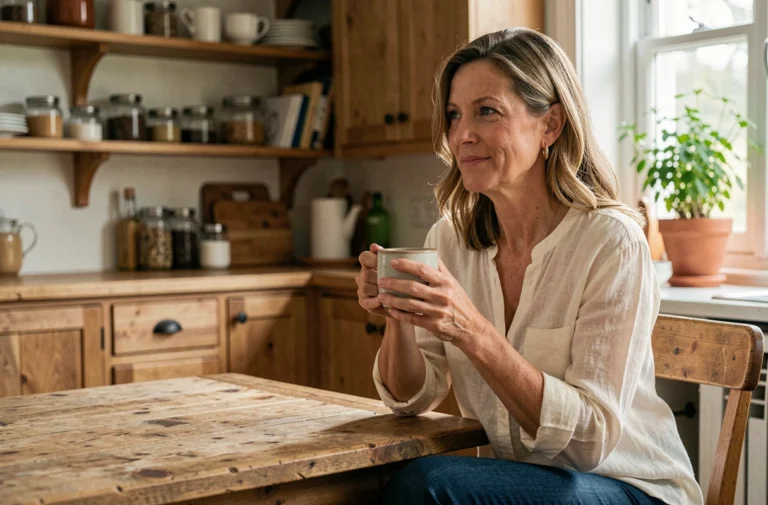 Femme dans la quarantaine attablée dans une cuisine rustique tenant une tasse en céramique, ambiance intimiste et naturelle révélant un quotidien authentique