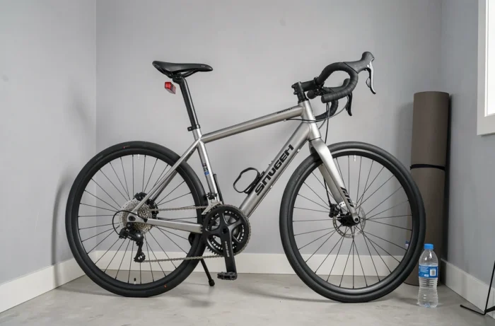 Vue détaillée du speedbike Sportstech SX200 dans un coin salle de sport minimaliste, mettant en valeur le cadre et les fonctionnalités