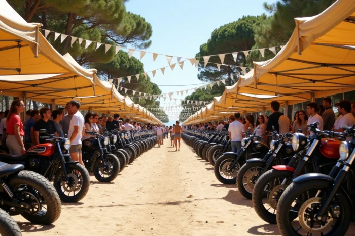 Vue d'ensemble de l'allée des expositions du show bike de Montalivet 2026 avec motos custom et vacanciers